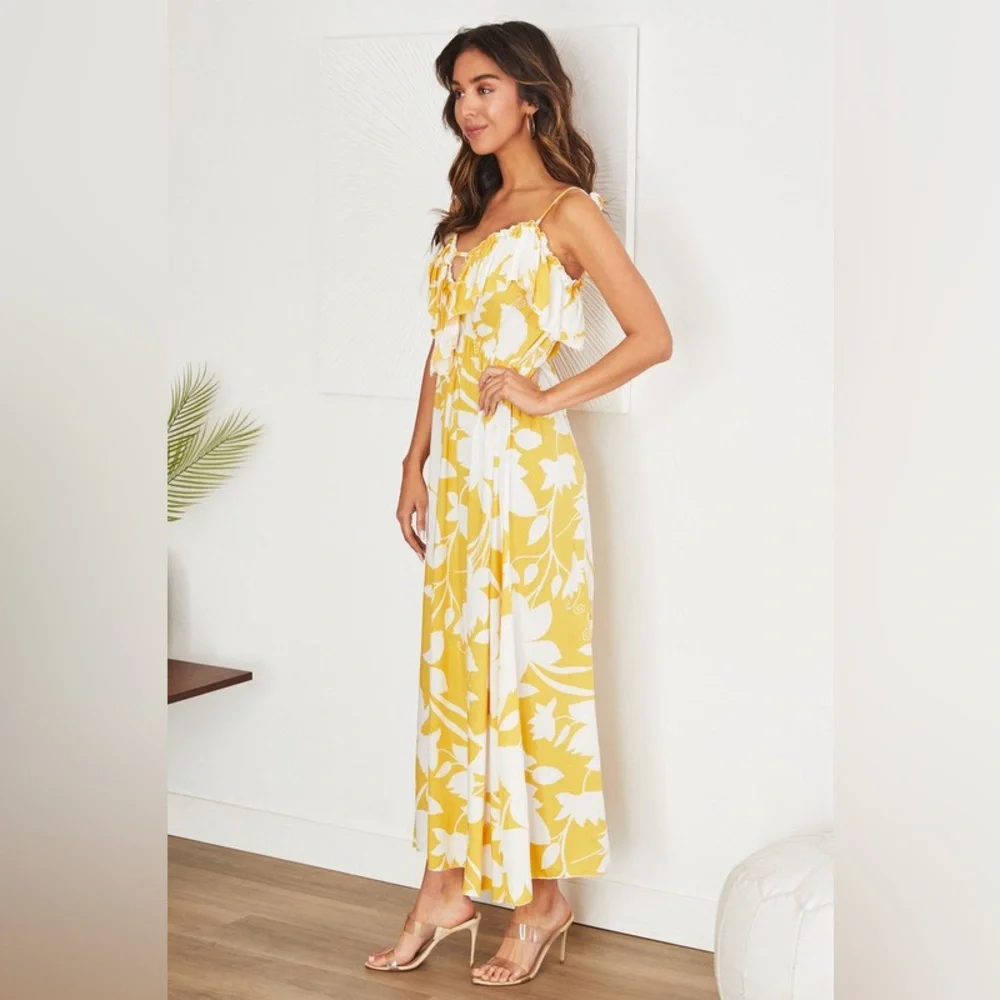 (20590-FLO-YELL) FLORAL PRINT RUFFLE V NECK MAXI DRESS - Picture 2 of 3